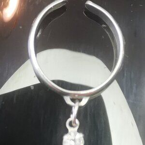 1990s Thailand Silver Tone Solitaire Dangle Charm Adjustable Ring Size 3